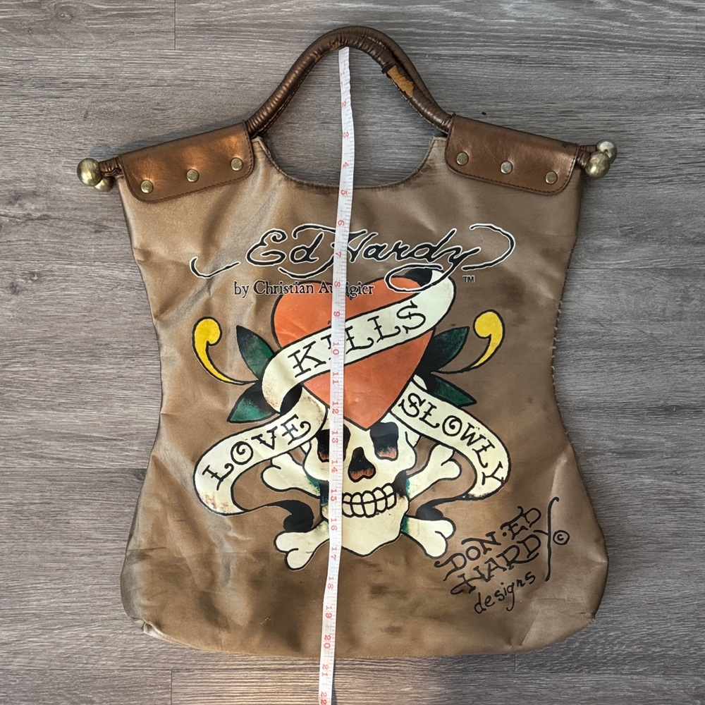 Ed Hardy Bronze Tote with Skull and Heart Design - Picture 9 of 12
